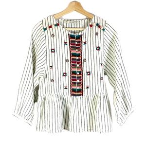 Zara Embroidered Linen Pompom Peplum Top Striped Sz XS